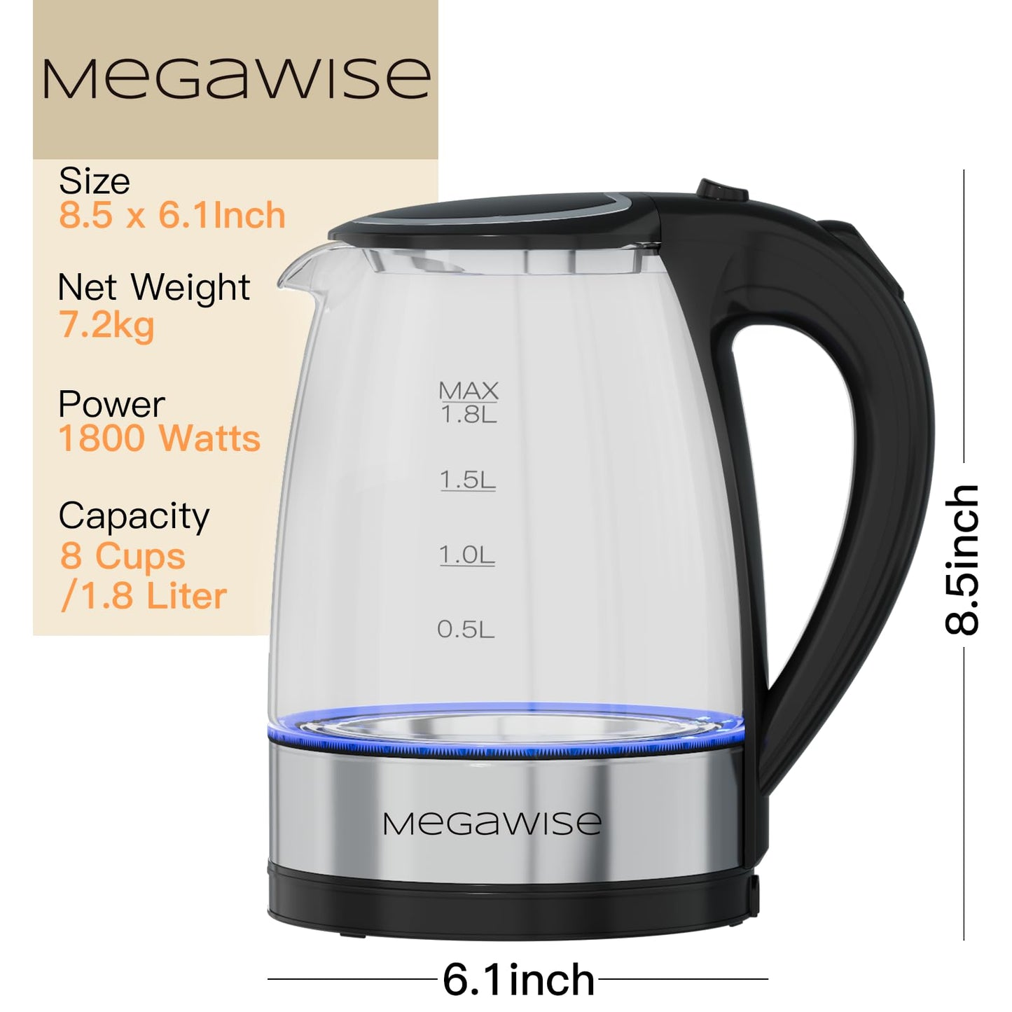 MEGAWISE 1.8L Electric Kettle CX-817 - Fast Boil, Auto Shut-Off, Boil-Dry Protection, (1.8L)