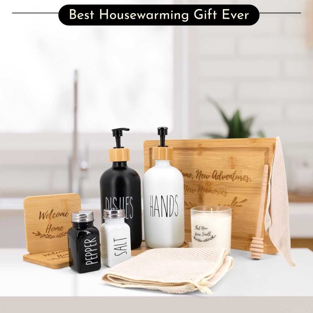 Happy Banana House Warming Gifts New Home – Home Essentials for New Home Gift Set Includes Scented Candle, Bamboo Cutting Board, Soap Set, Towels, Salt and Pepper Shaker – Luxury New House Must Haves