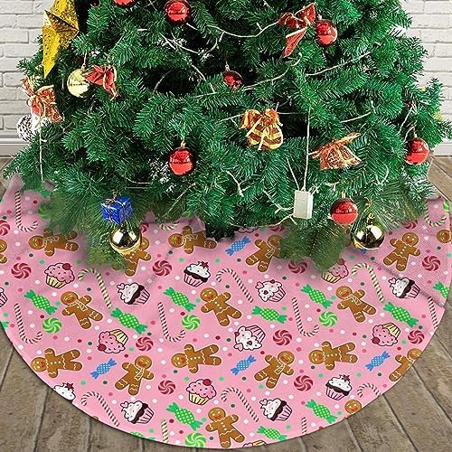 Cute Gingerbread Candy Christmas Tree Skirt 30 Inches Pink Santa Tree Skirts Farmhouse Xmas Tree Mat Ornaments Decorations