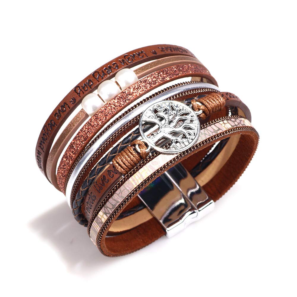 Fesciory Leopard Bracelet for Women, Boho Leather Wrap Multi-Layer Pearl Crystal Bracelet Bangle Jewelry(Tree of Life(Brown))