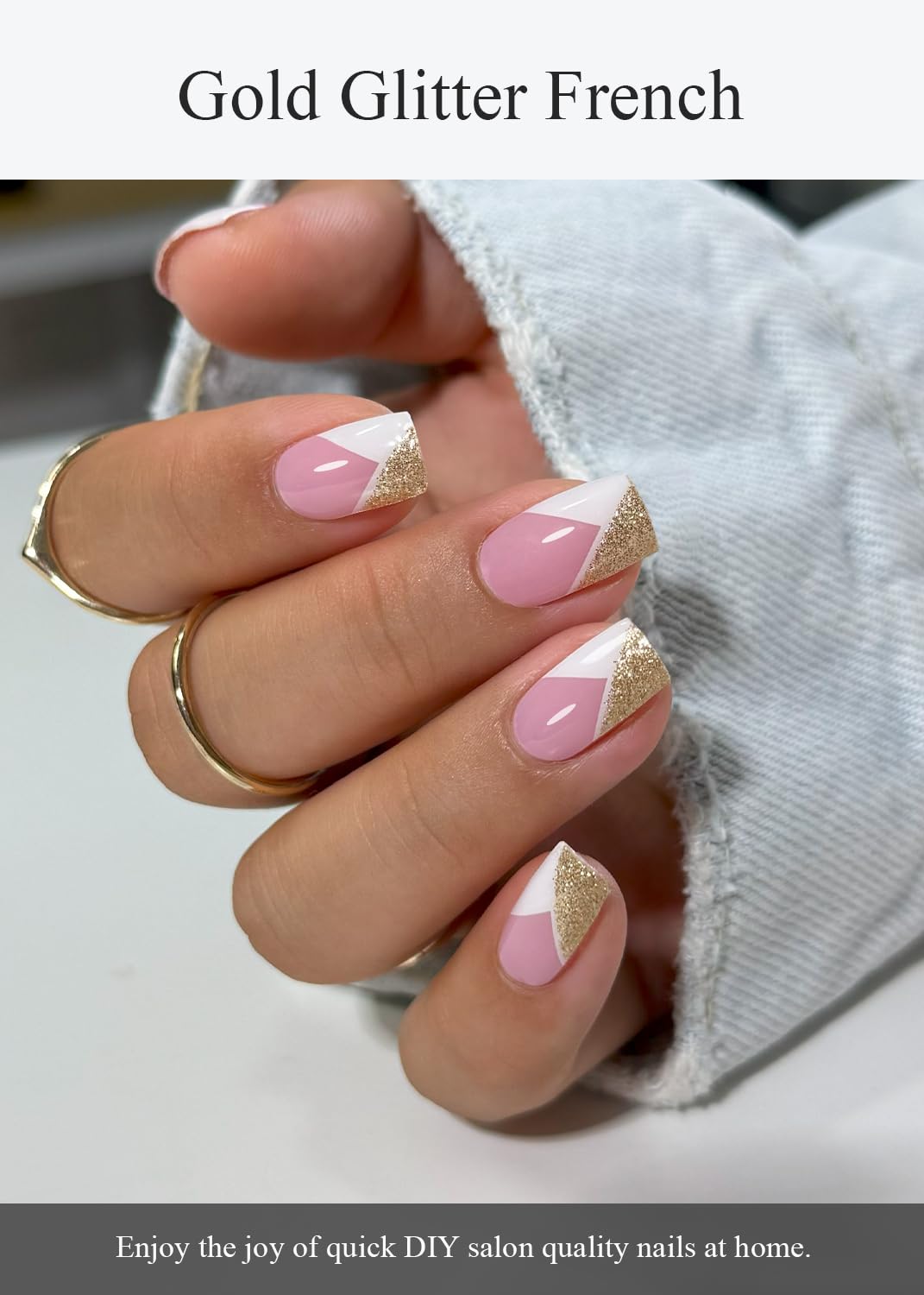 AutyaMee Semi Cured Gel Nail Strips (Gold Glitter French), White, 30 Pcs Gel Nail Wraps, Stickers, UV Light Required