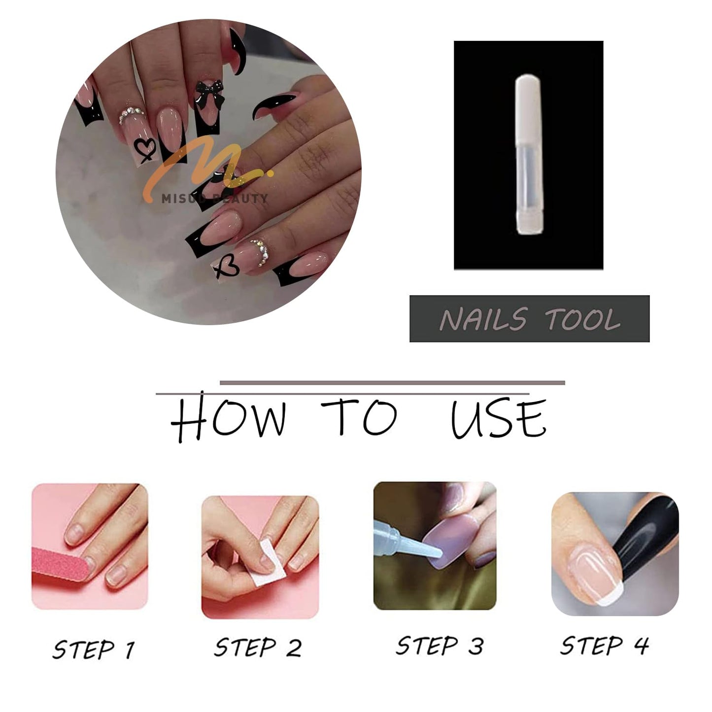 MISUD Press on Nails - Long Square Glue on Nails with Black French Tip, Acrylic Heart Bow Design 24 pcs