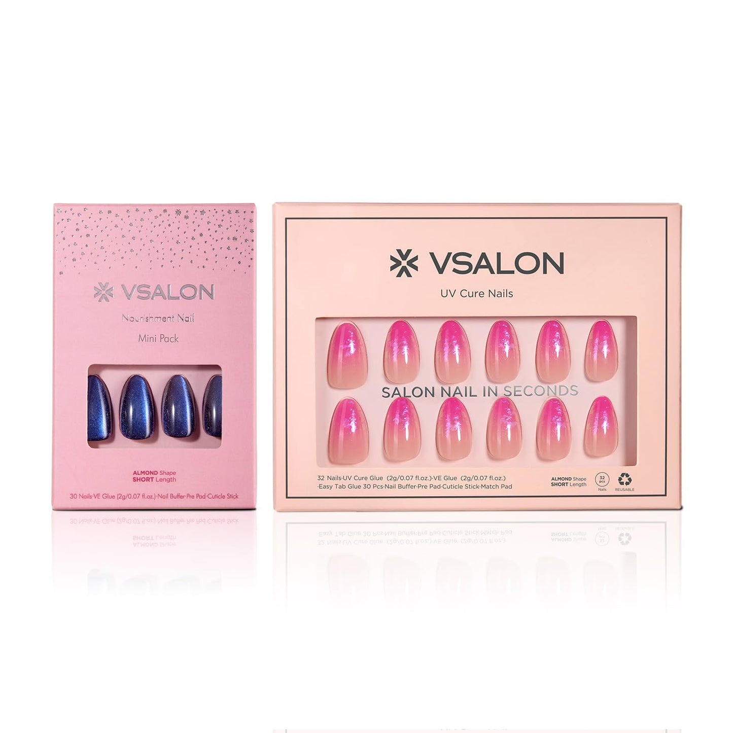 VSALON Almond Short Press On Nails, Ombre Hot Pink Aurora Sheer Jelly Finish Nail Kit & Blue Cat Eye Mini Pack
