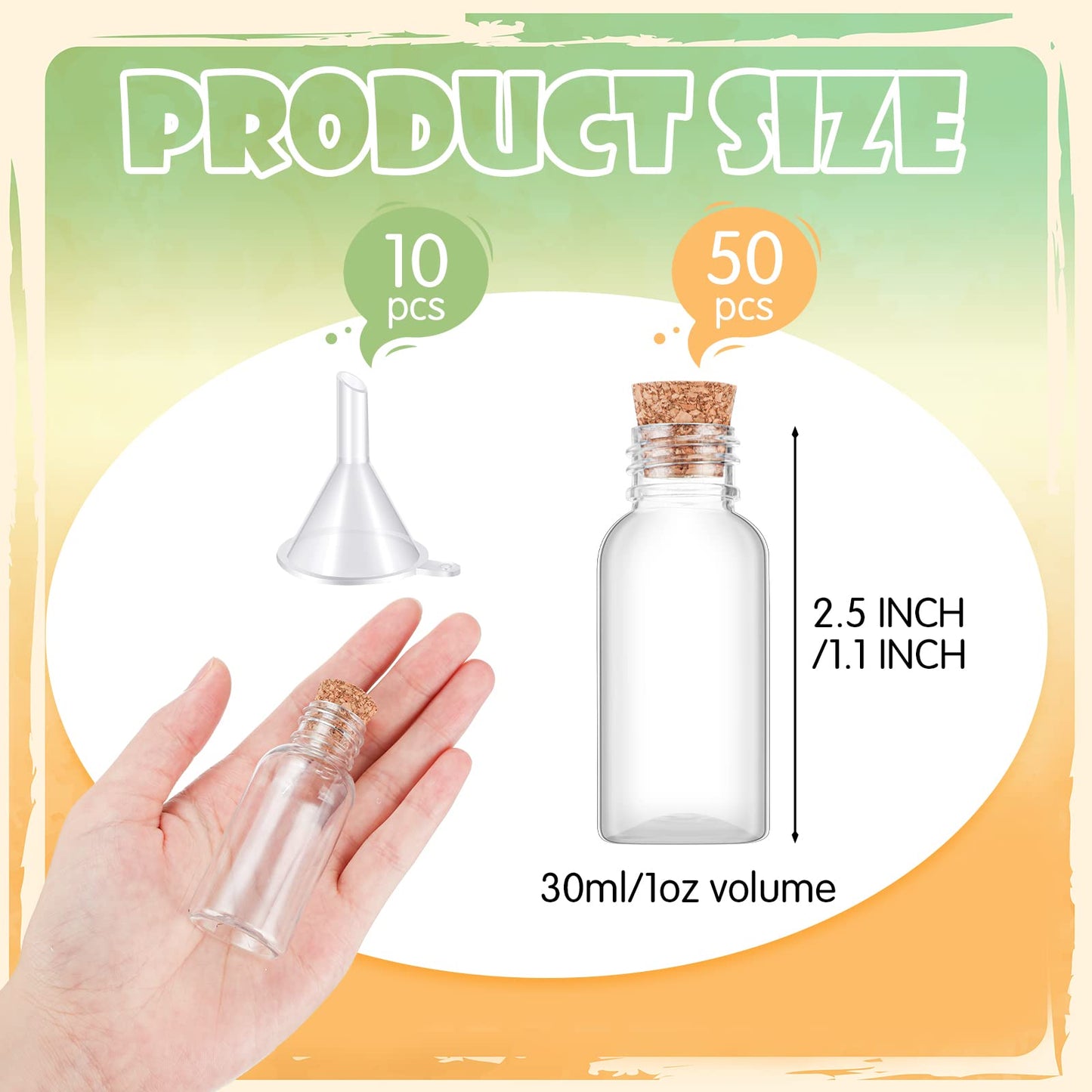 Sabary 50 Packs 1 oz Plastic Sand Art Bottles with Cork Stoppers Mini Vial Potion Bottles Perfume Cork Jar with Mini Funnels for Filling Jar for DIY Craft, Essential Oil, Message, Party Favor