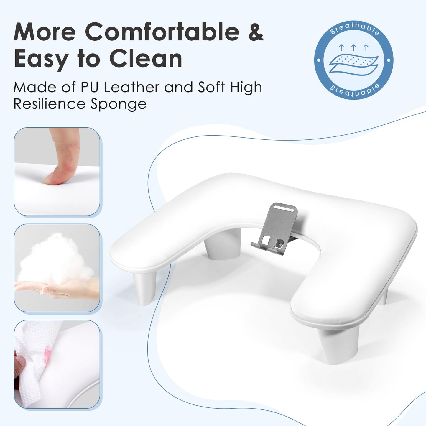 LIONVISON Arm Rest for Nails Tech: U Shaped Ergonomic Nail Hand Rest Stand PU Leather with Rotating Phone Holder for Nail Salon Manicurist (White)