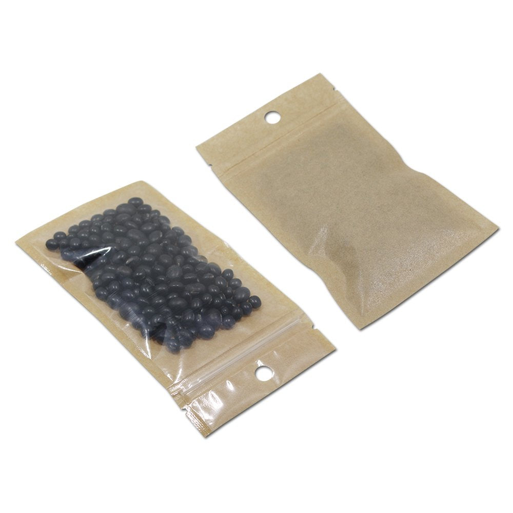 FERENLI 100Pcs Clear Brown Kraft Paper Plastic for Zip Reclosable Bag Lock Flat Heat Sealable Smell Proof Packaging Bags Zipper Lock Coffee Plastic Bags 12x20cm (4.7x7.8 inch)