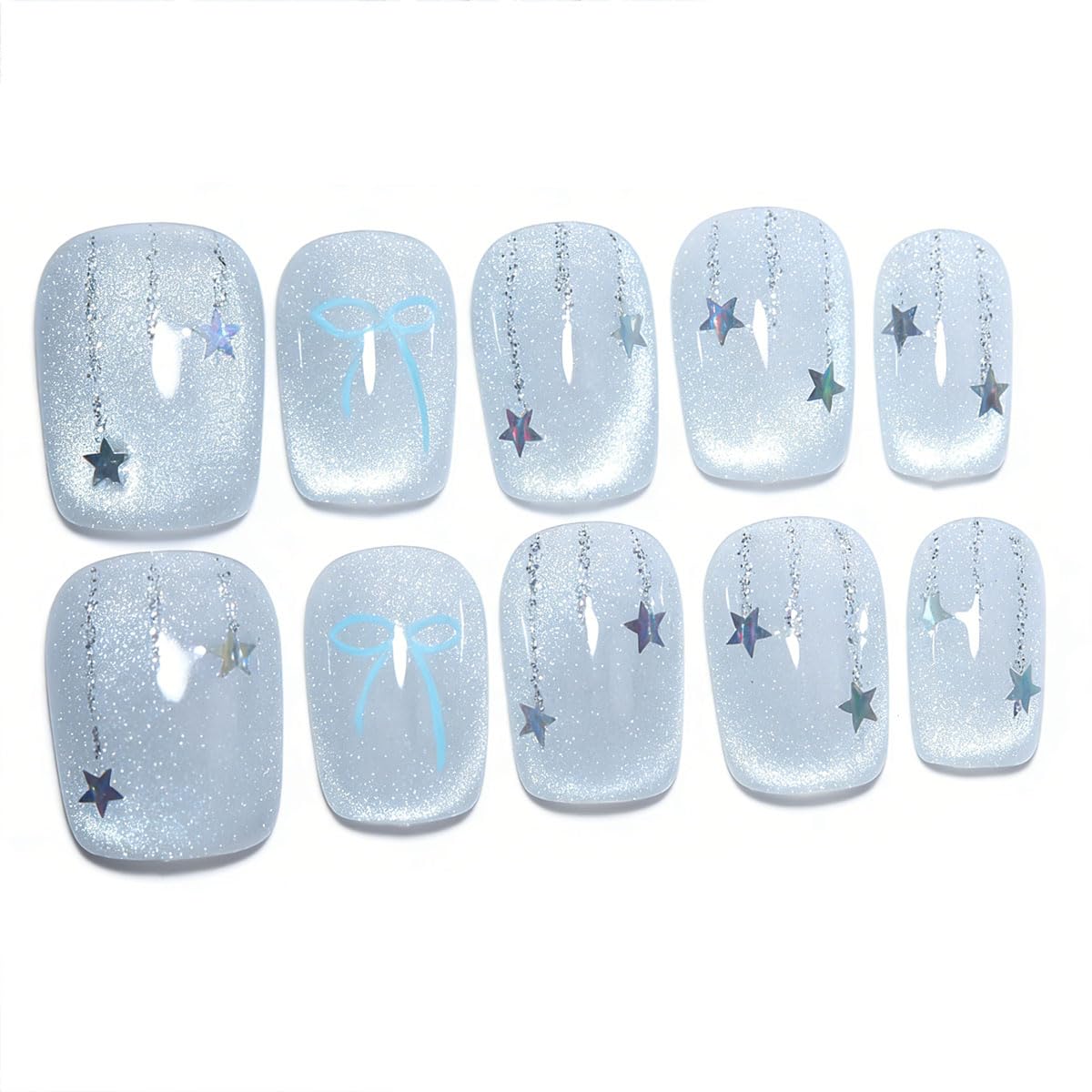 10Pcs Short Square Handmade Press On Nails | Easy Apply & Remove, Reusable Salon Quality Nails | Dreamy Glitter Fake Nails with 3D Star & Bow Accents (RR05, XS)