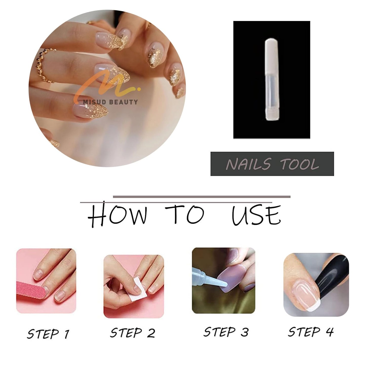 MISUD Press on Nails - Short Almond Fake Nails with Nude Pink, Acrylic Bling Gold Glitter Design 30 pcs