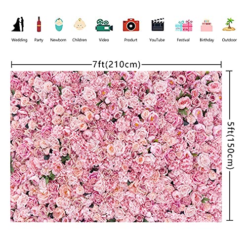 7x5ft Pink Rose Wall Background Pink Flowers Backdrops Spring Tea Party Backdrop Floral Girls Birthday Weeding Valentine's Day Mother's Day Event Banner Photo Props - size: 7 x 5 ft