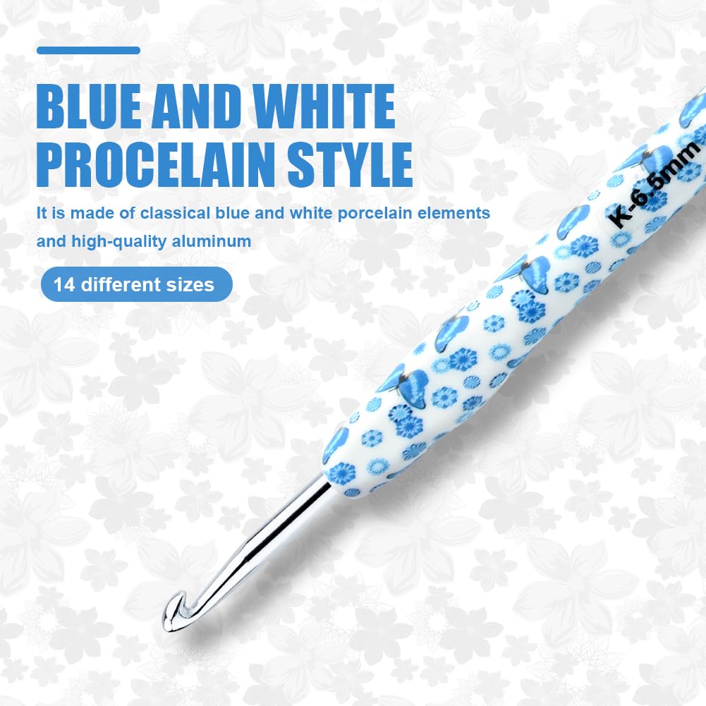 Ksheria Crochet Hooks Set with Case 14 Size Blue Butterfly Flower Pattern for Arthritis Hands, 2.25mm(B)-10mm(N) Crochet Needles for Beginners Christmas Gift New Year's Presents Crochet Lovers