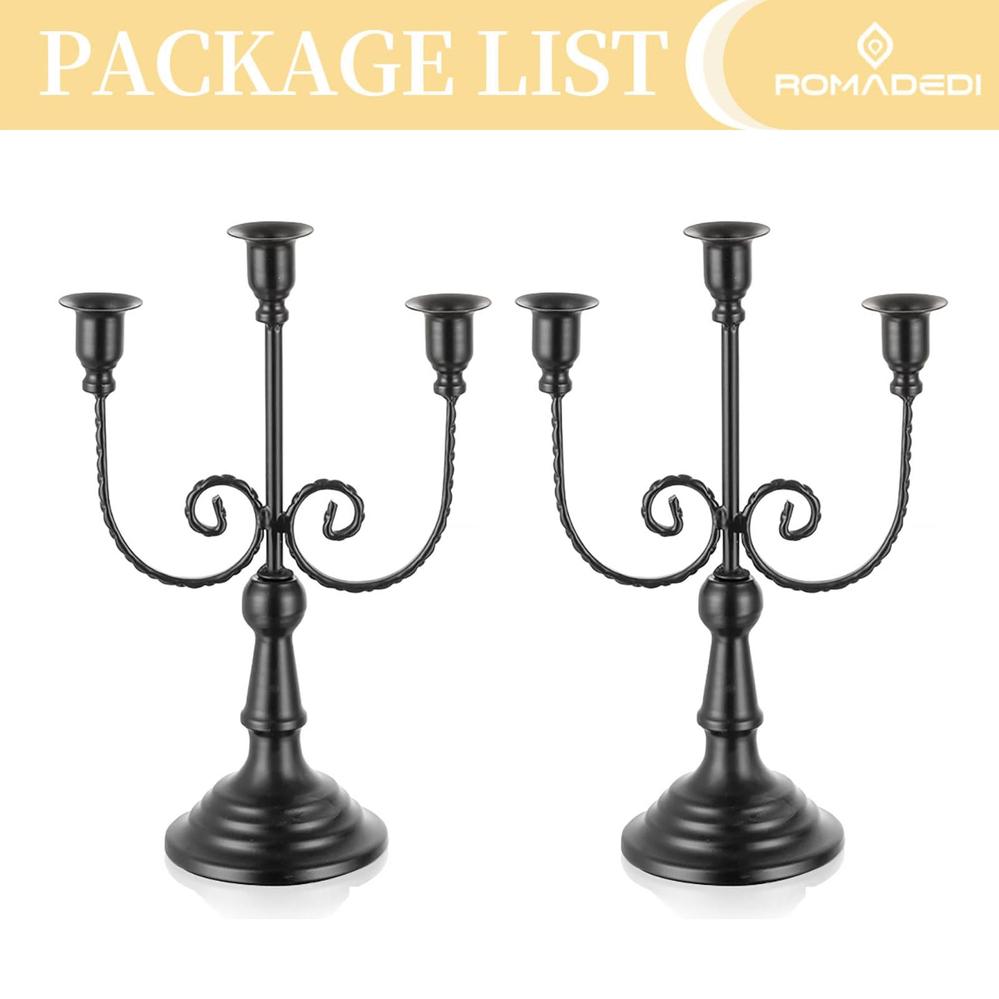 Romadedi Candelabra Black Candle Holders: 3 Arm Halloween Candlestick Holder 11.8" Gothic Home Decor for Party Table Centrepiece Mantel Christmas, Set of 2