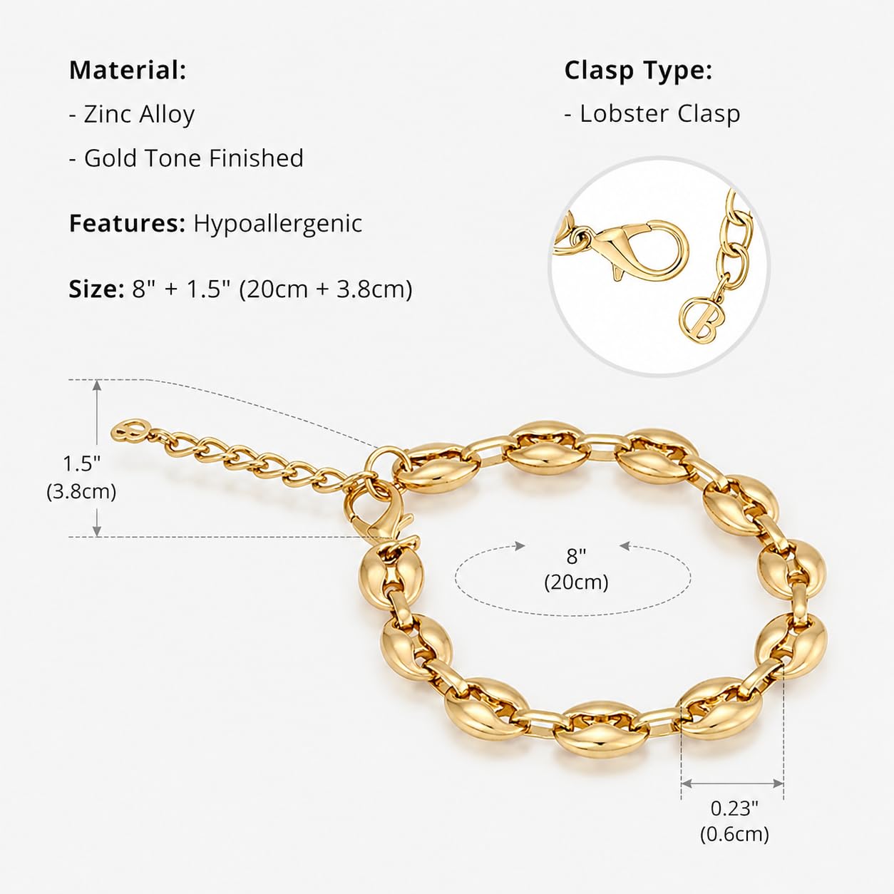 COBI Chunky Bracelets for Women, Paperclip Bracelets, Coffee Bean Chunky Link Bracelet, 18K Gold & Sterling Silver Plated, Stackable Thick Large Punk Jewelry-Coffee Bean Gold
