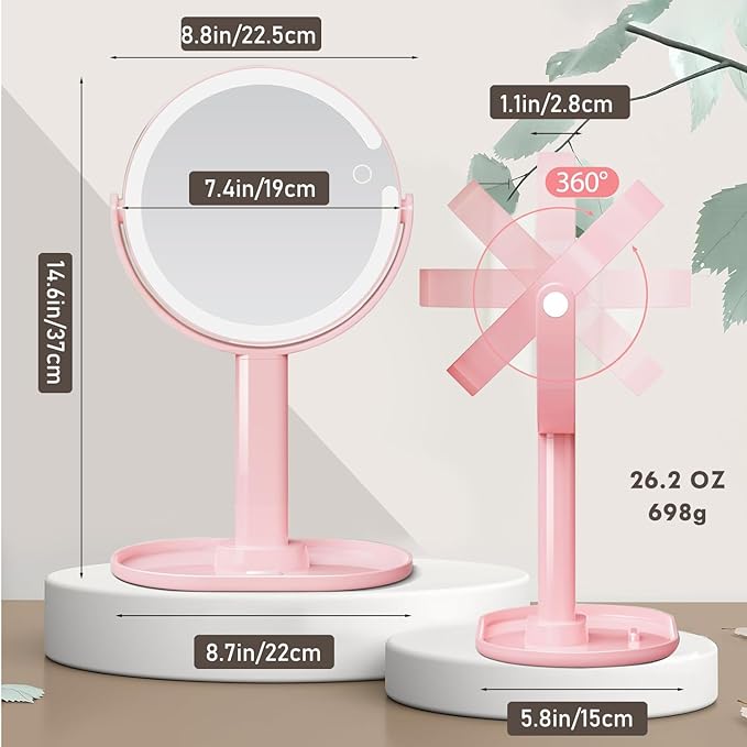 Makeup Mirror with Lights, Lighted Make Up LED Vanity Mirror for Travel, 1x/10X Magnifying Mirror, Rechargeable 3 Color & Adjustable Brightness, 360° Rotation Detachable (Pink)