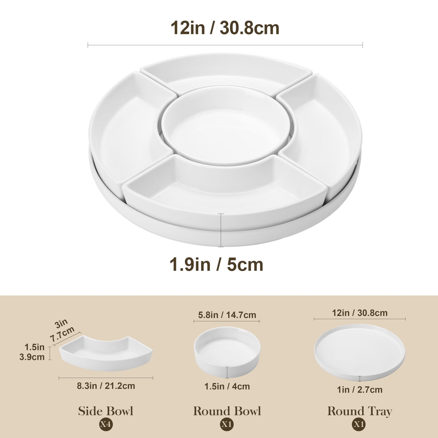 MALACASA Porcelain Divided Serving Dishes, Appetizers Tray, Serving Tray for Party - Perfect for Chips and Dip, Fruit, Veggies, Candy and Snacks, Divided Serving Platter, Relish Tray, White