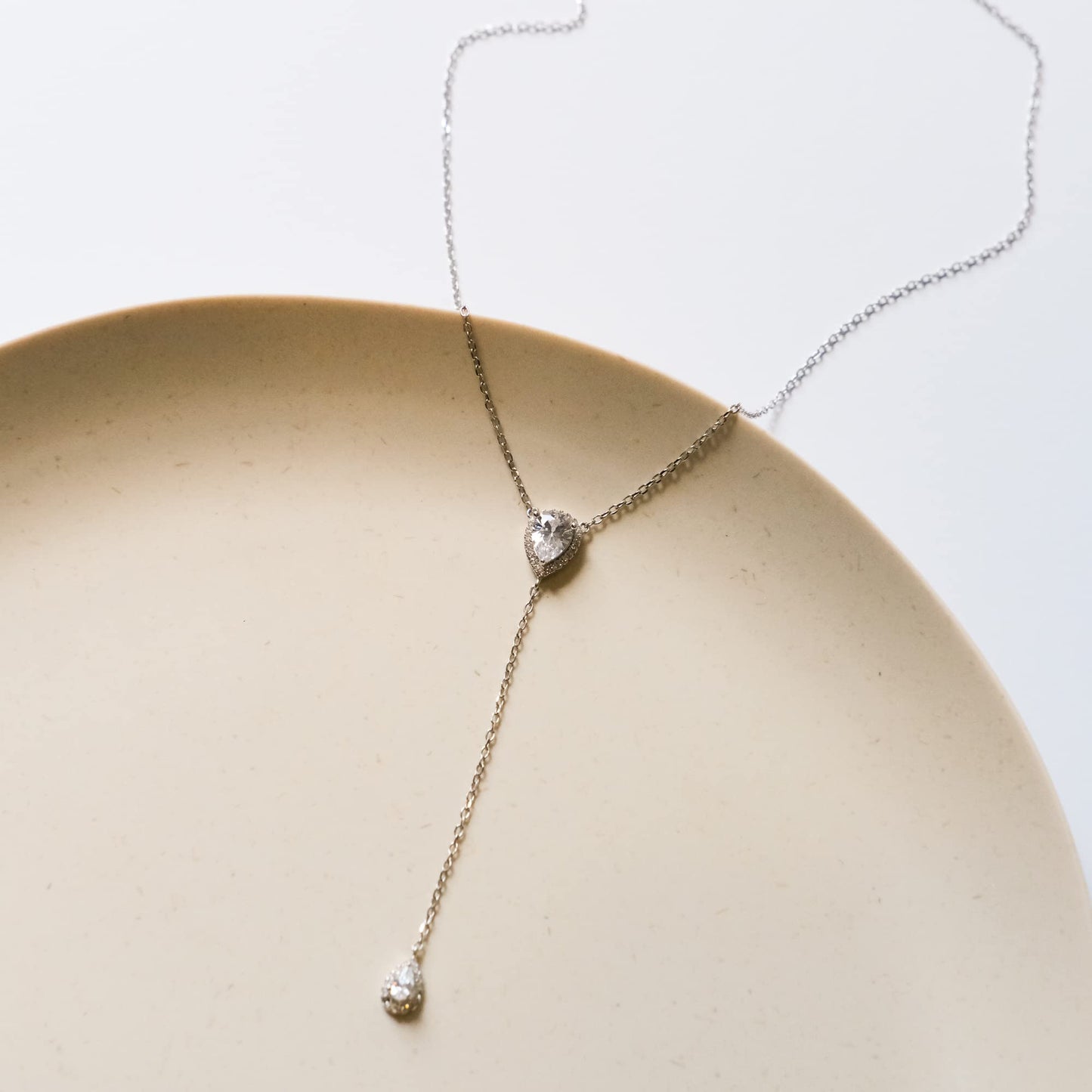 CZ Pear Drop Lariat Necklace 16" with 2.75" Y Drop Adjustable, 14K Rose Gold Finish