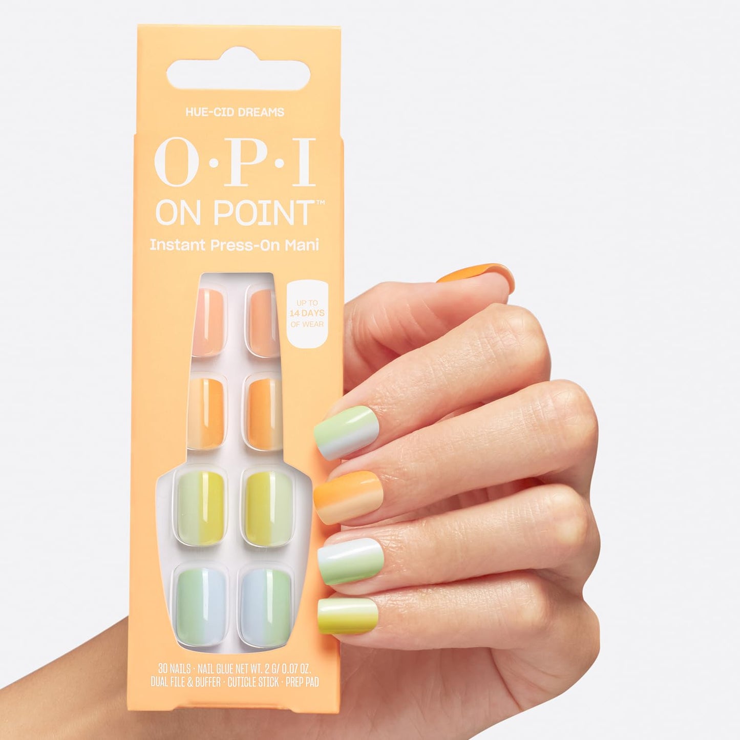 OPI On Point Hue-cid Dreams | Short Squoval Pastel Rainbow Nail Art Press On Nails | 30 Count with Nail Glue | Long Lasting, Reusable, Non-damaging