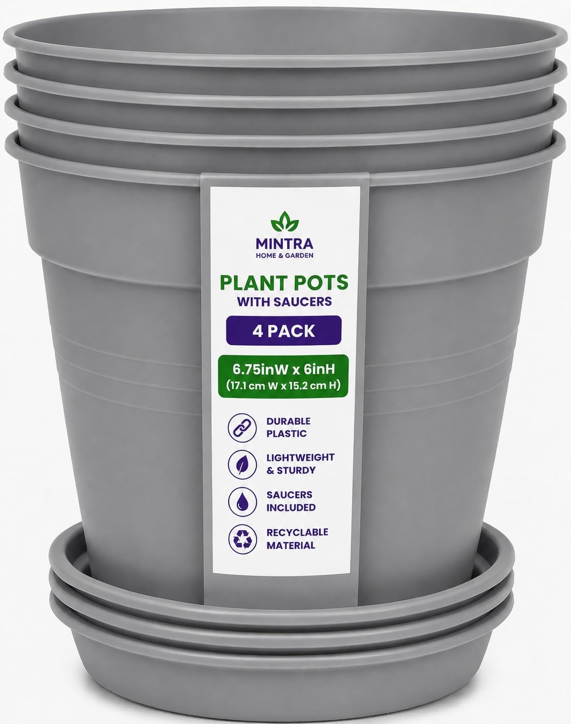 Mintra Garden Pots, 4 Pack Bulk Plastic Plant Pots with Drainage Tray, Round Indoor & Outdoor Decorative Planters with Drain Holes for Flowers, Herbs & Plants, 17cm Diameter – Grey, 6.6 in