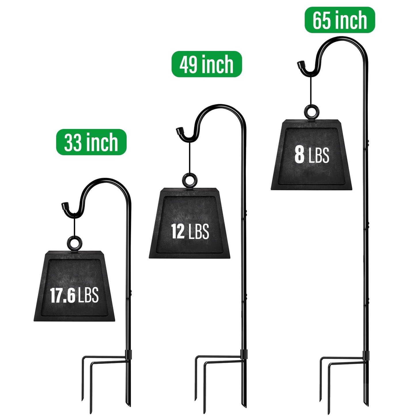 GOFORWILD Shepherd’s Hooks 2 Pack Black, 65 inches Tall, Adjustable Garden Hook for Outdoor, Hanging Plant, Solar Lights, Lanterns, Bird Feeders, Garden Stake and Wedding Decor, 7015