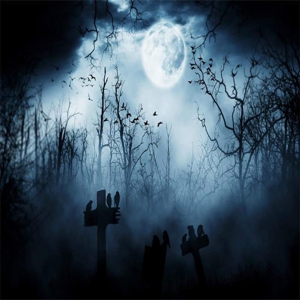 AOFOTO 8x8ft Moon Night Halloween Cemetery Photography Backdrop Flying Bats Birds Stand on Gravestone Cross Graveyard in Dark Forest Photo Background Cloth Vinyl Wallpaper Photo Studio Props