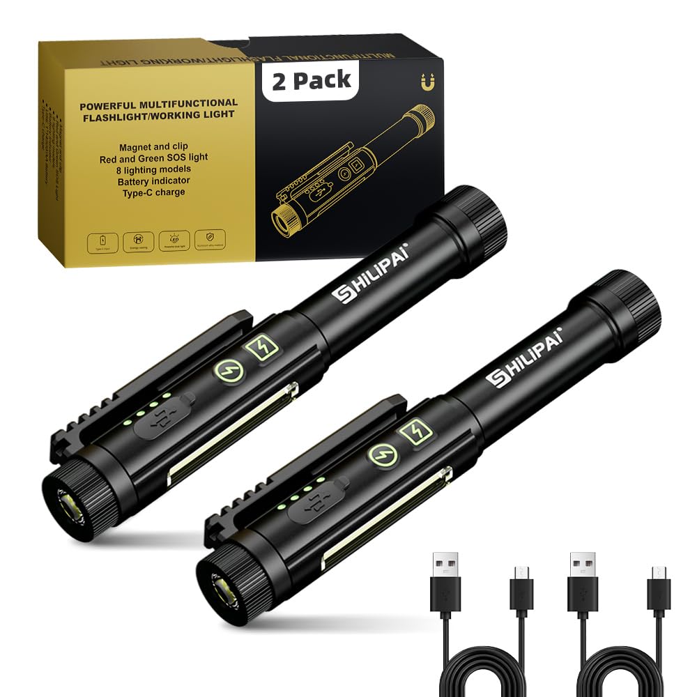 SHiLiPAi Pen Light Flashlight,600 Lumens Rechargeable 8 Modes COB Magnetic Flashlight with Clip Bright Pocket Flashlights Work Light Portable Waterproof Durable Penlight for Nurse(2p Black)