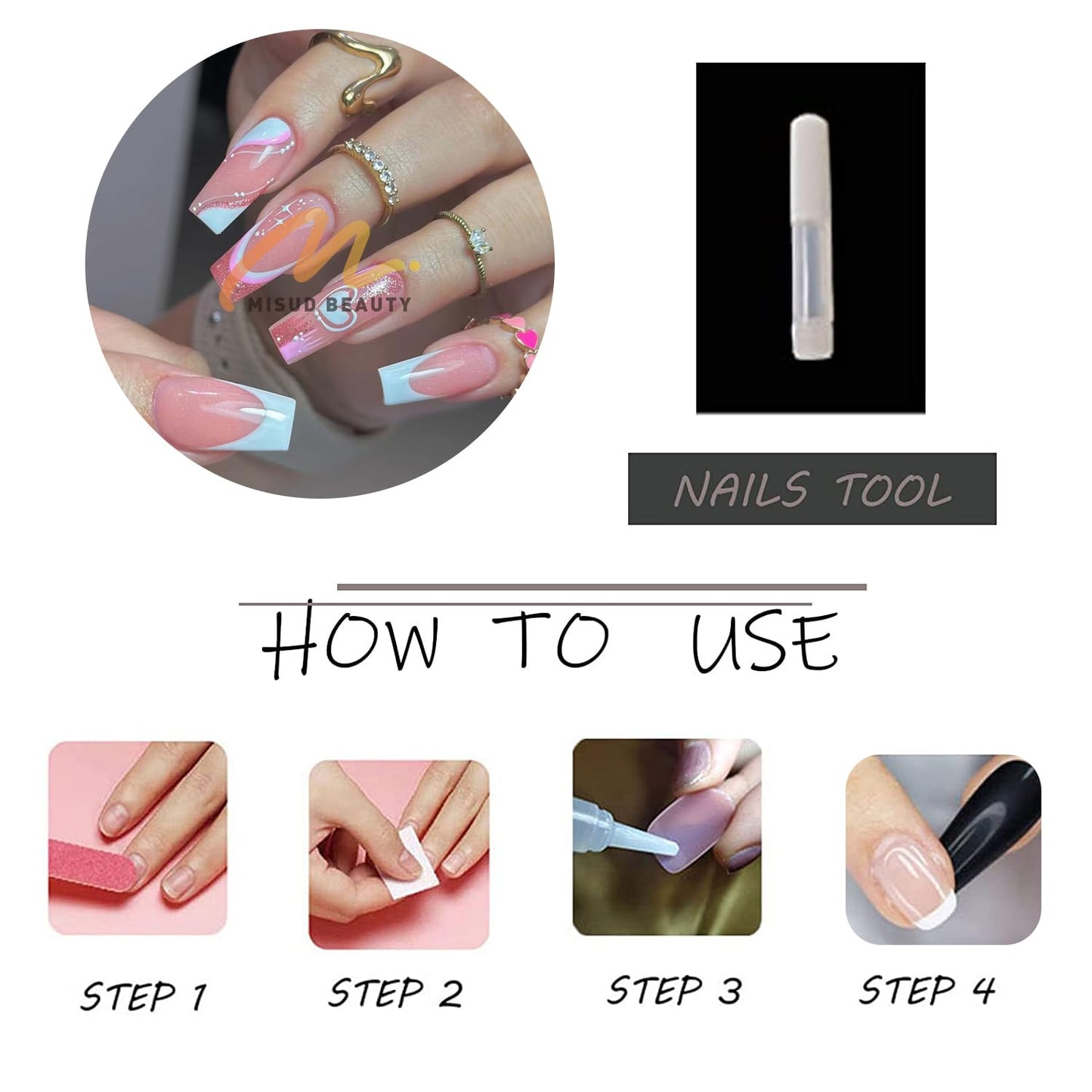 MISUD Press on Nails - Long Square Fake Nails with Pink White, Acrylic Heart Glitter Design 24 pcs