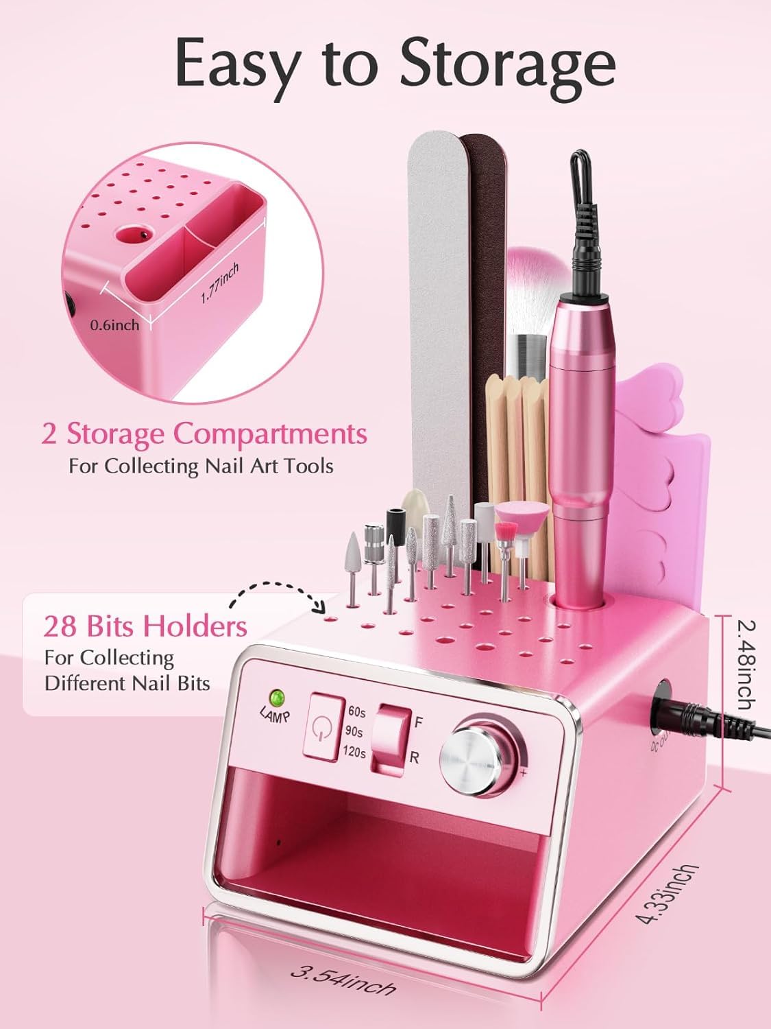 Subay Nail Drill Machine Electric File, Portable for Acrylic Gel Dip Powder Nails, Nail Drill Kit for Manicure Pedicure, Nail Set with Everything, Purple Pink
