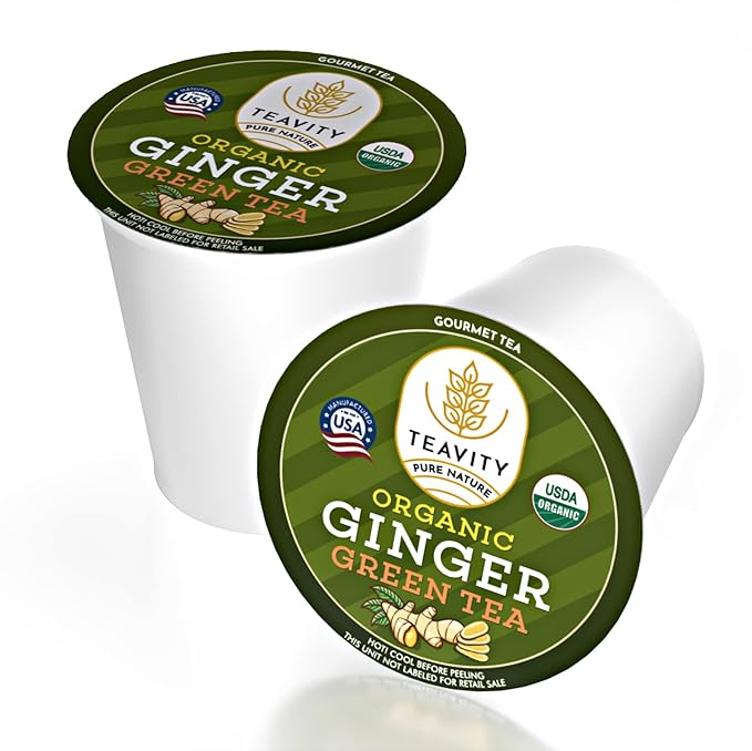 Green Tea & Ginger Tea Pods for Keurig - Caffeinated, Organic, Dye Free, Unsweetened, Herbal Blend for K Cup Machines - Hot or Iced (24 Tea Pods)