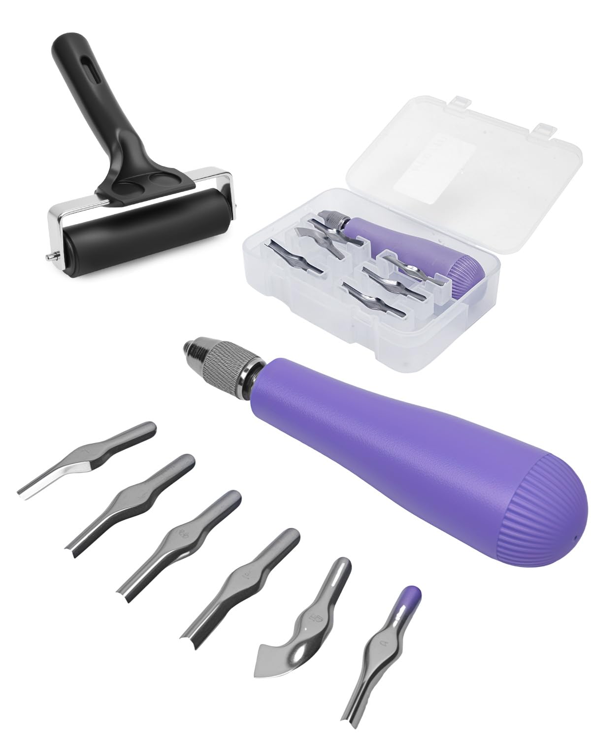 UCEC Linocut Carving Tools Linoleum Cutter Assortment for Block Printing Lino Cutting Tools for DIY Rubber Stamp Carving Kit & Beginners 6 Blades Universal Size Purple With A Brayer Roller(4 Inch)