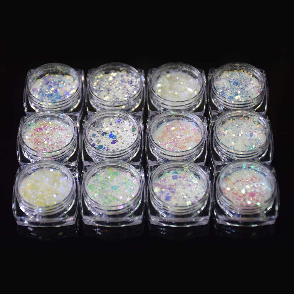 Minejin Nail Glitter Holographic Chunky Flakies Ultra-Thin Iridescent Charming Sequins Powder Tips 12 Jar