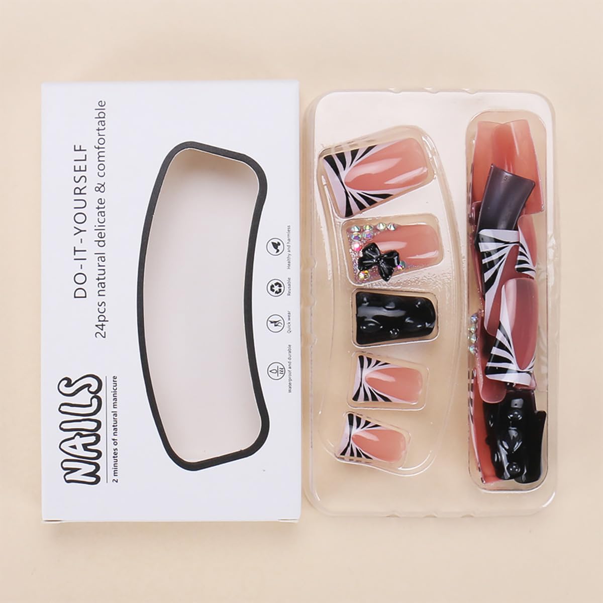 30Pcs Black Duck Press on Nails Short French Tip Fake Nails with Colour Glitter Design Cute Bow False Nails Full Cover Artificial Glue on Nails Nude Stick on Nails for Women Manicure Decorations Tips