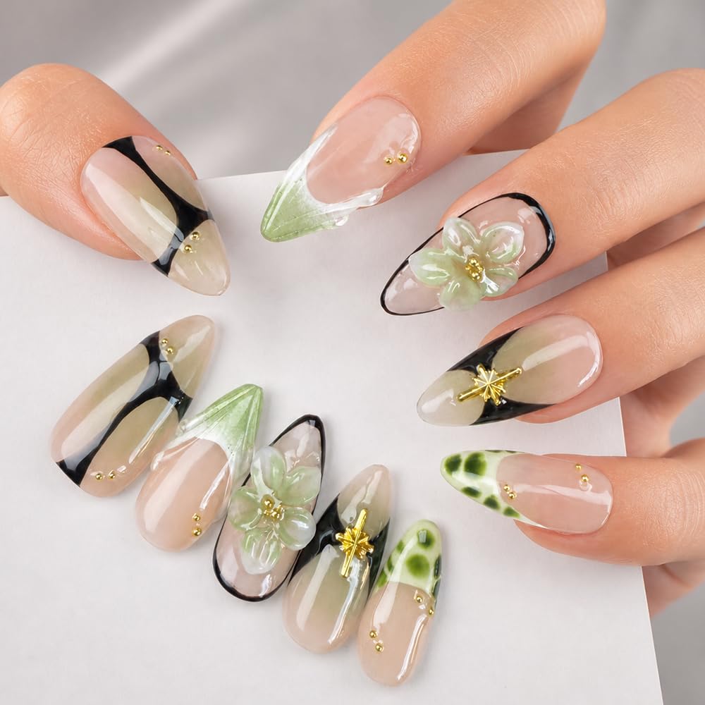 2IM Studio Handmade Press On Nails – 10 Piece Soft Gel Nail Kit with Glue & Tool Set, Reusable Artisan Nails, Salon-Quality Finish (Verdant Edge-XS)