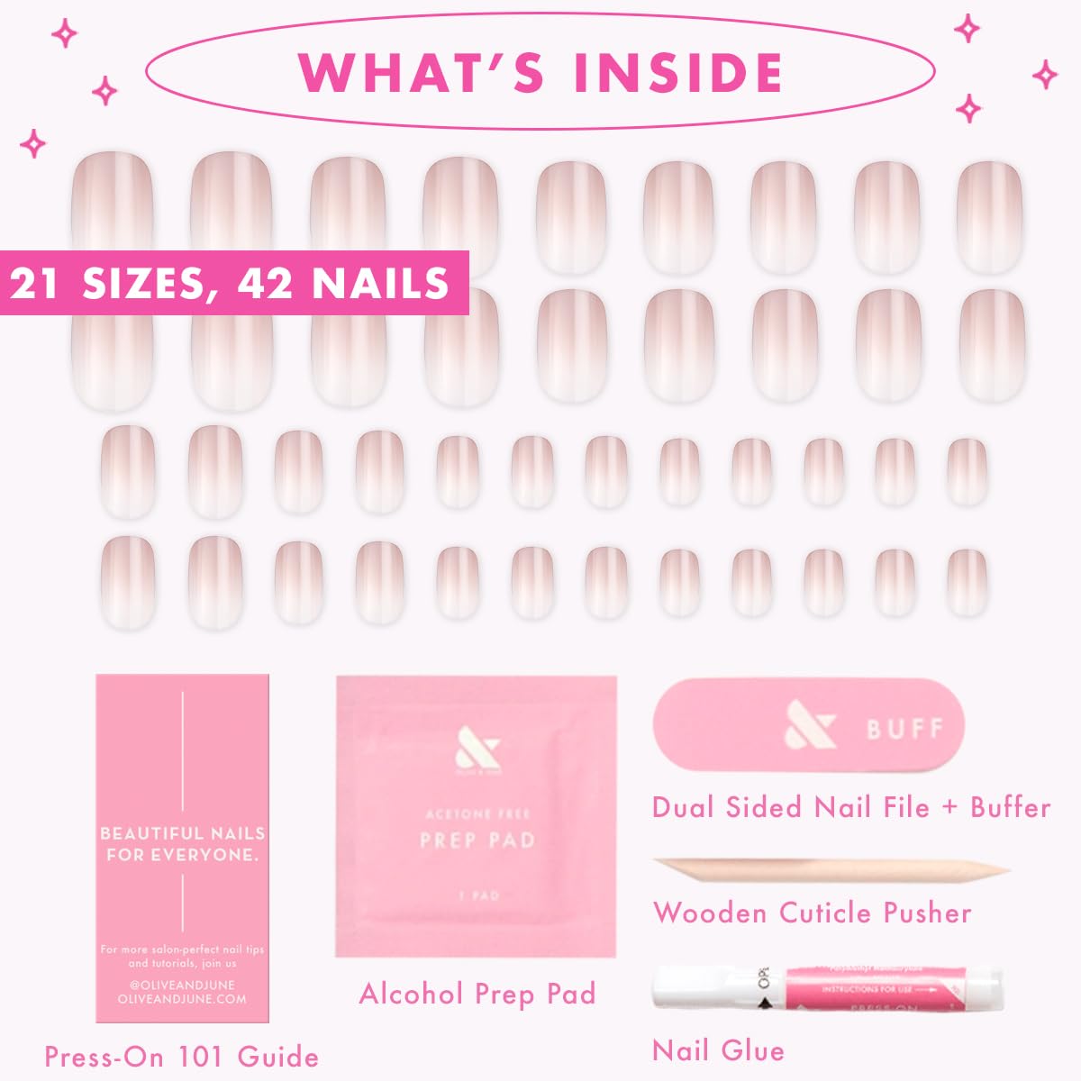 Olive & June Minimalist Instant Mani Press On Nails (Glue) | 42 Fake Nails, 21 Sizes | Non-Toxic, Long-Lasting Barely-There Look | Salon-Quality at Home | Short, Squoval | CDJ Syrup Gradient