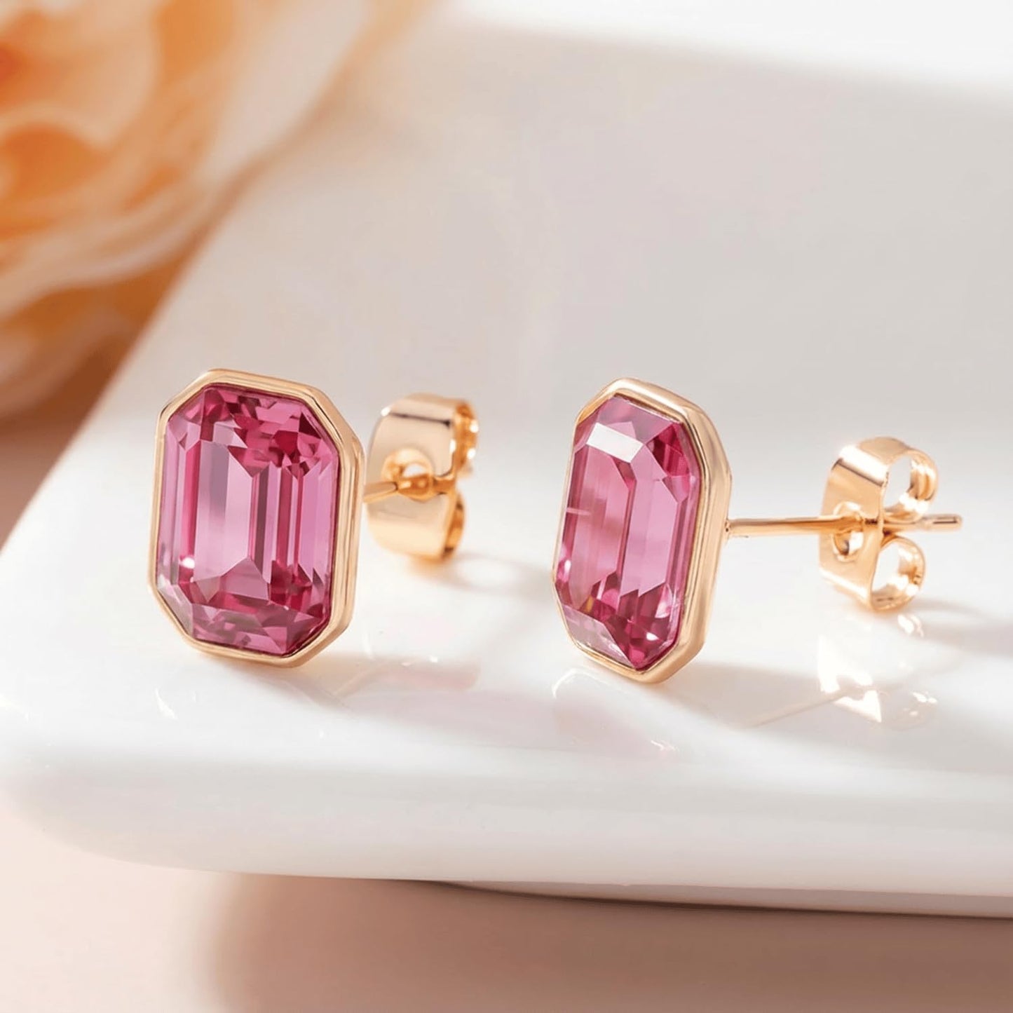 Austrian Crystal Octagon Stud Earrings for Women Fashion 925 Sterling Silver Post Hypoallergenic Jewelry (Pink)