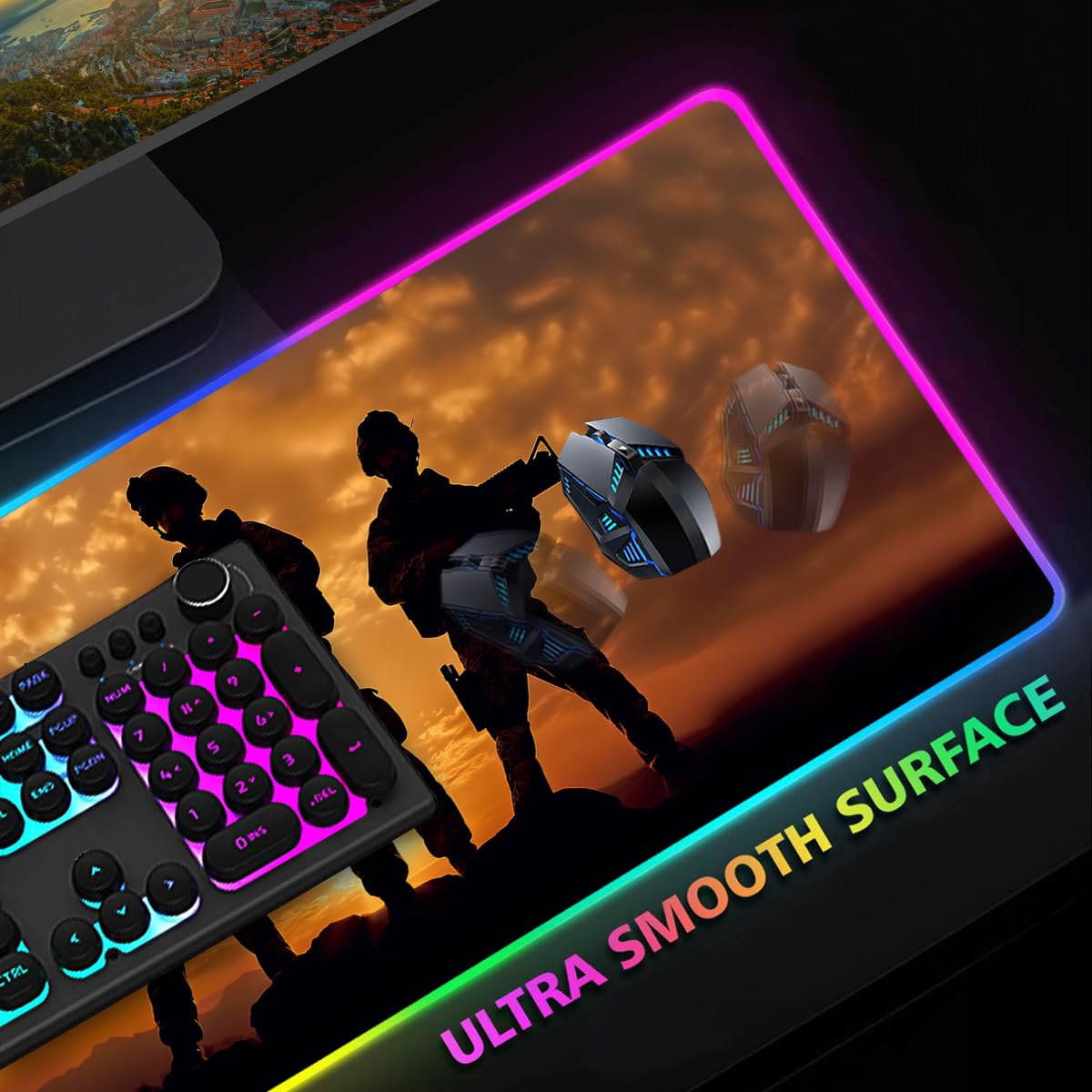 ZOXOHO RGB Gaming Mouse Pad with Coffee Coaster, Large Glowing LED Mouse Pad, Anti-Slip Rubber Base Computer Keyboard Desk Mouse Mat 31.5 X 11.8 Inch, American Army Troops Military