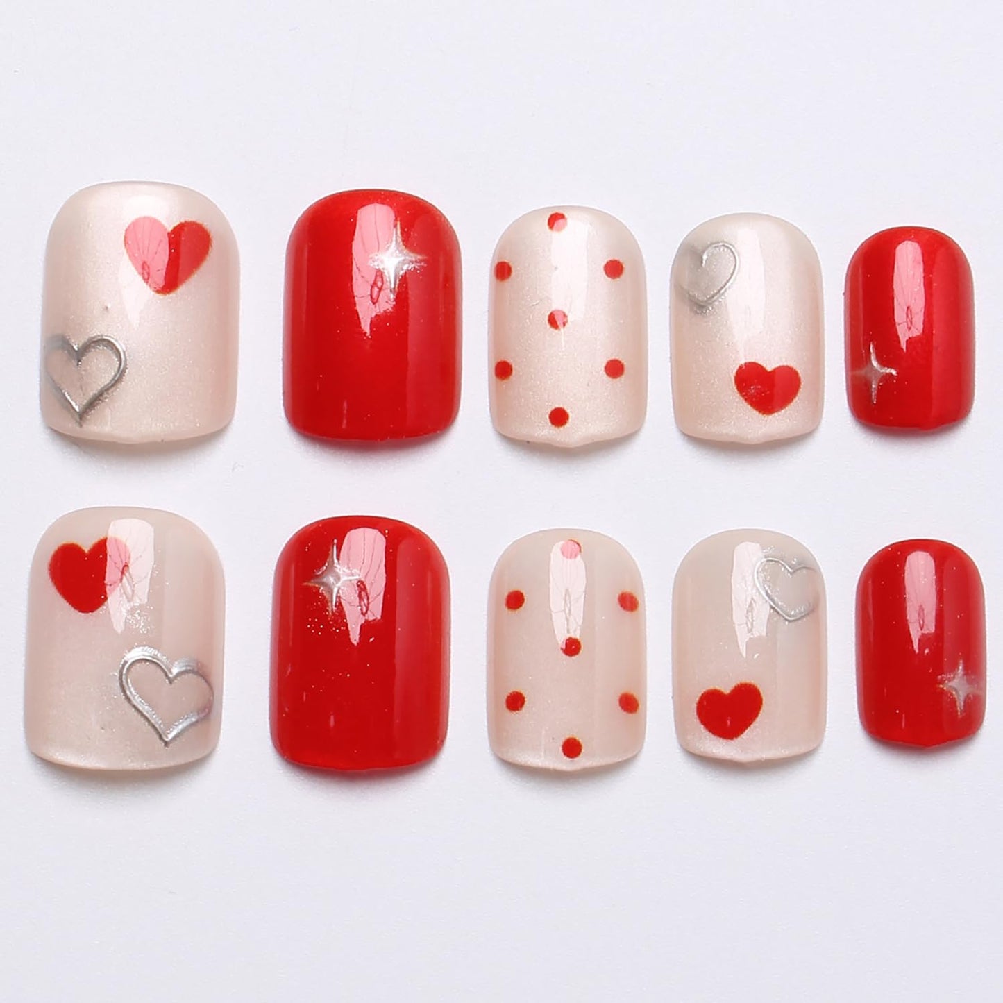 24Pcs Valentines Press on Nails Short Square Fake Nails with Designs Heart Acrylic Nails Glitter Valentine False Nails Red Glossy Full Cover Glue on Nails for Women Wedding Nail Decorations