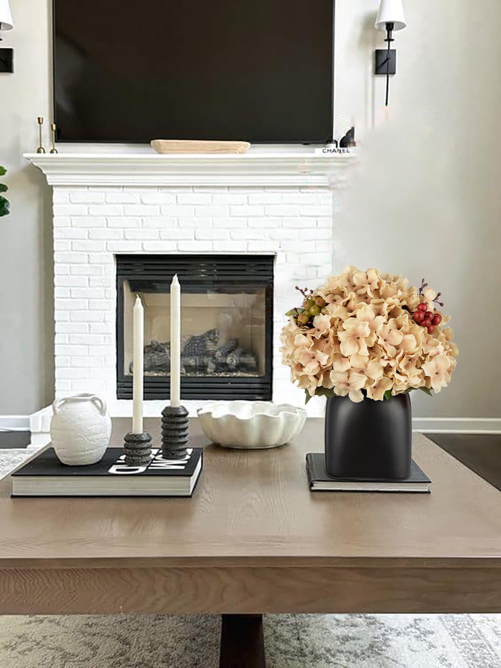 Briful Hydrangea Artificial Flowers in Ceramic Black Vase, Beige Silk Hydrangea Centerpieces for Tables, Realistic Dining Table Vase with Flowers for Farmhouse Home Decor Indoor