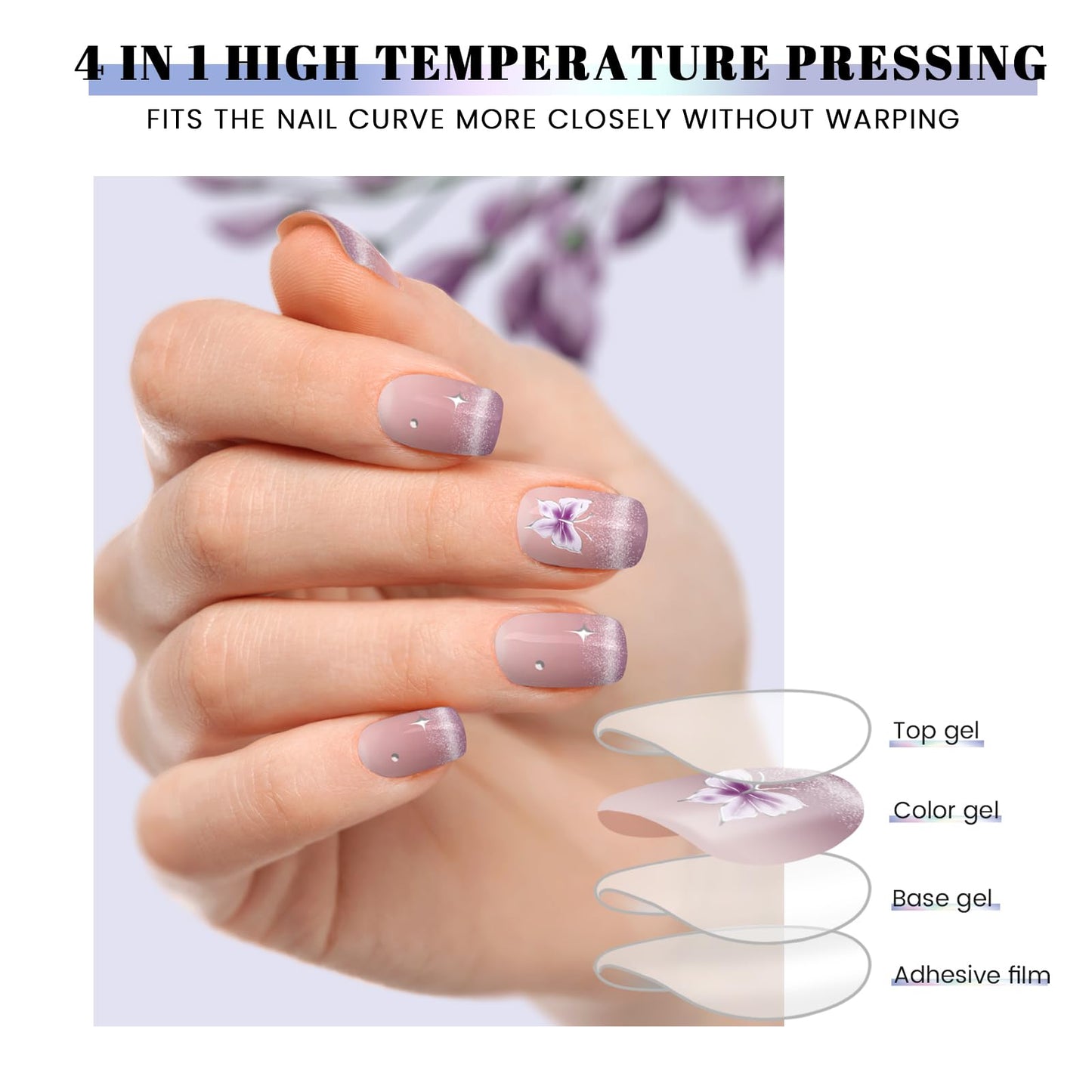 OAUEE Semi Cured Gel Nail Strips | Gel Nail Stickers with UV Light Required | Salon Quality, Easy Application and Removal（Purple Butterfly Cat's Eye）