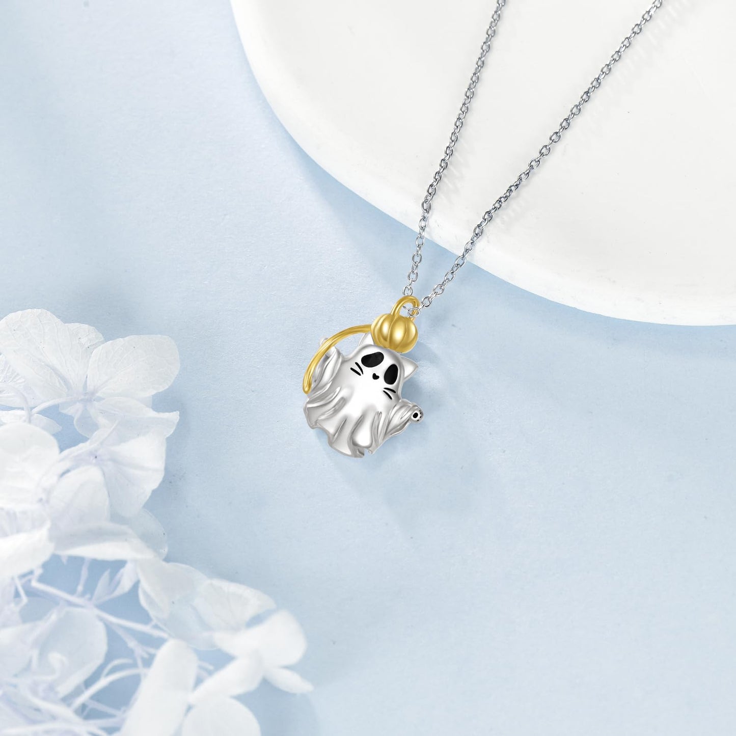 Grmdit Halloween Cat Necklace 925 Sterling Silver Ghost Necklace Pumpkin HalloweenJewelry Gift for Women