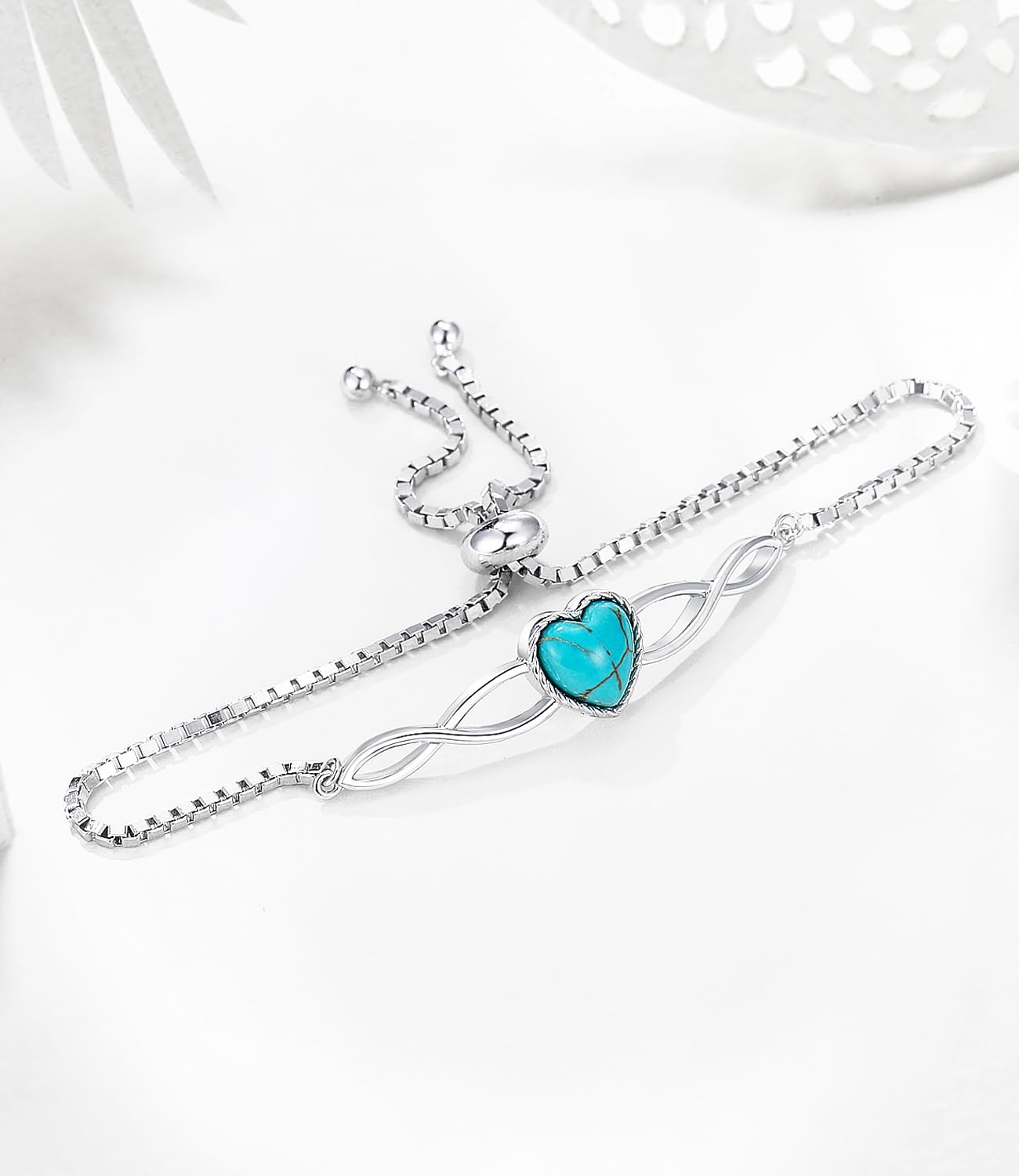 DOLIOX Genuine Heart Turquoise Adjustable Bracelet for Women with Infinity 925 Sterling Silver Box Chain Jewelry 6.5 to 7.5 Inch