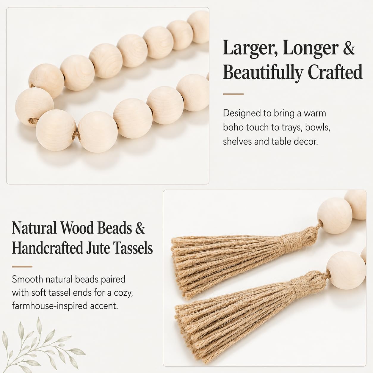 OMISHE Extra Large Wood Bead Garland with 1.6" Diameter Wooden Beads and Tassels, 41" Long Rustic Farmhouse Country Decorative Beads for Home Tiered Tray Decor, Natural Beige