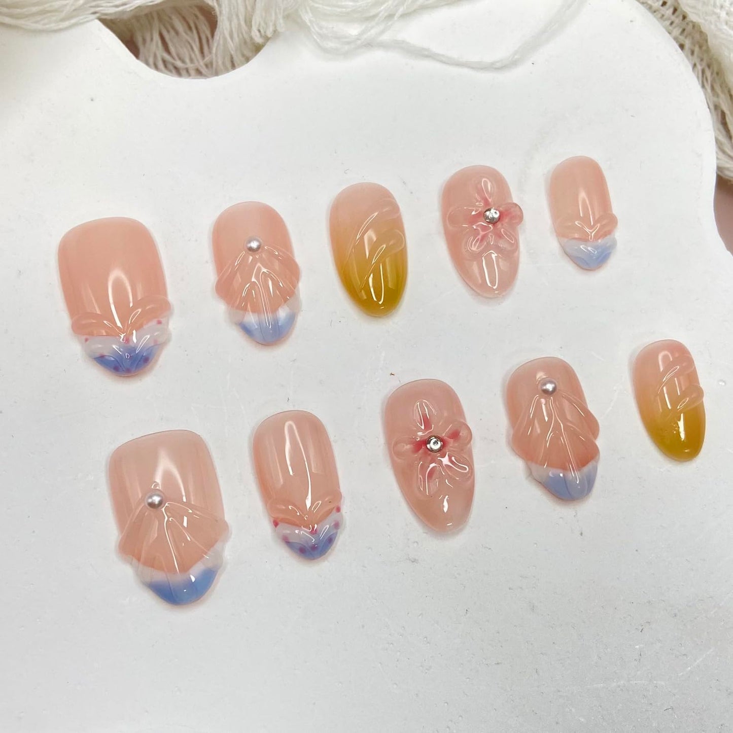 Handmade Press on Nails Gradient Press on Nails Short Almond Fake Nail Rhinestones False Nails Glossy Flower Full Cover French Stick on Nail Acrylic Artificial Nails for Women Glue on Nails (Size S)