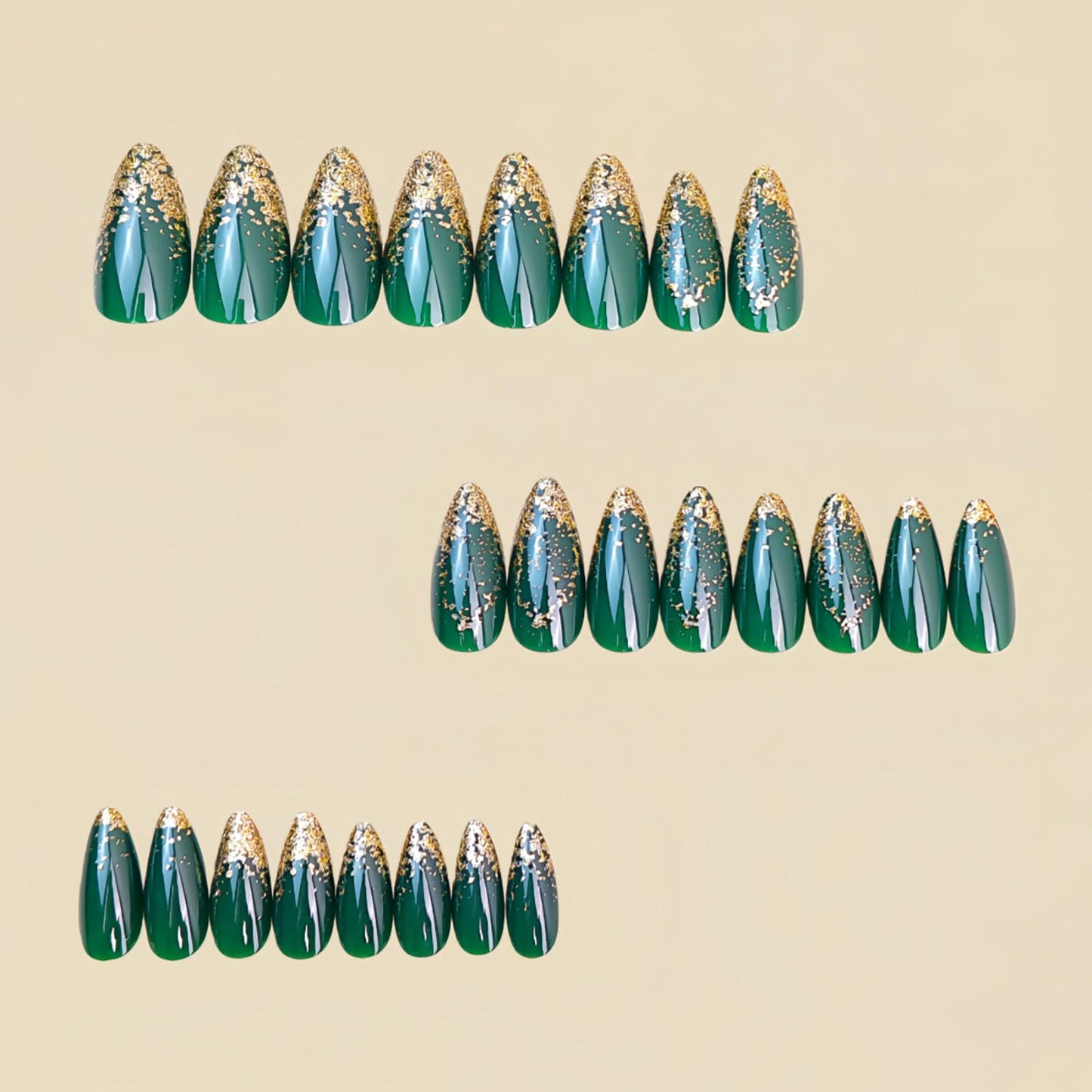 RUOKEXIN Almond Press on Nails Medium Fake Nails Gold Glitter False Nails with Designs Green Full Cover Nail Press ons Sparkly Artificial Nails for Women 24Pcs