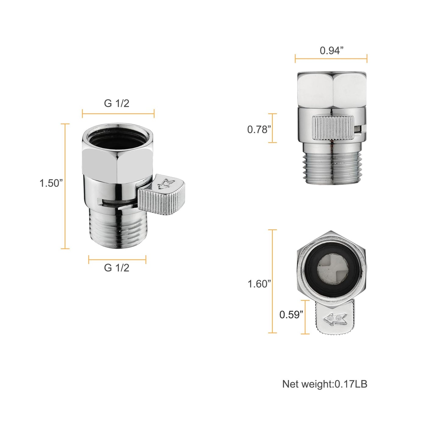 Chrome Water Flow Control Valve, G1/2" Shower Head Flow Control Valve, Brass Shut Off Valve for Handheld Shower, Water Pressure Regulator Replacement for Shower System