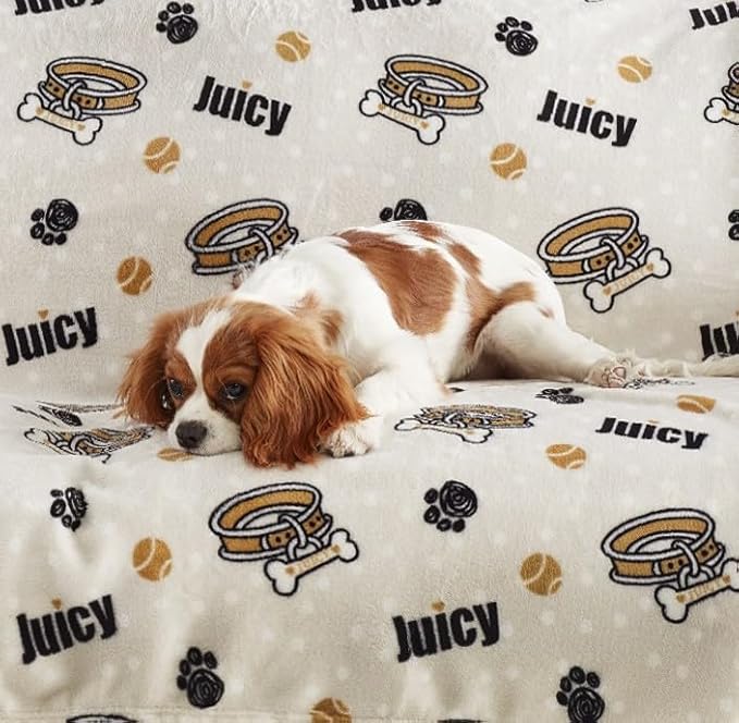 Juicy Couture Beige 50" x 60" Dog Blanket – Plush Puppy Throw, Printed, Breathable, Lightweight, Machine Washable, for Small Medium & Large Pets