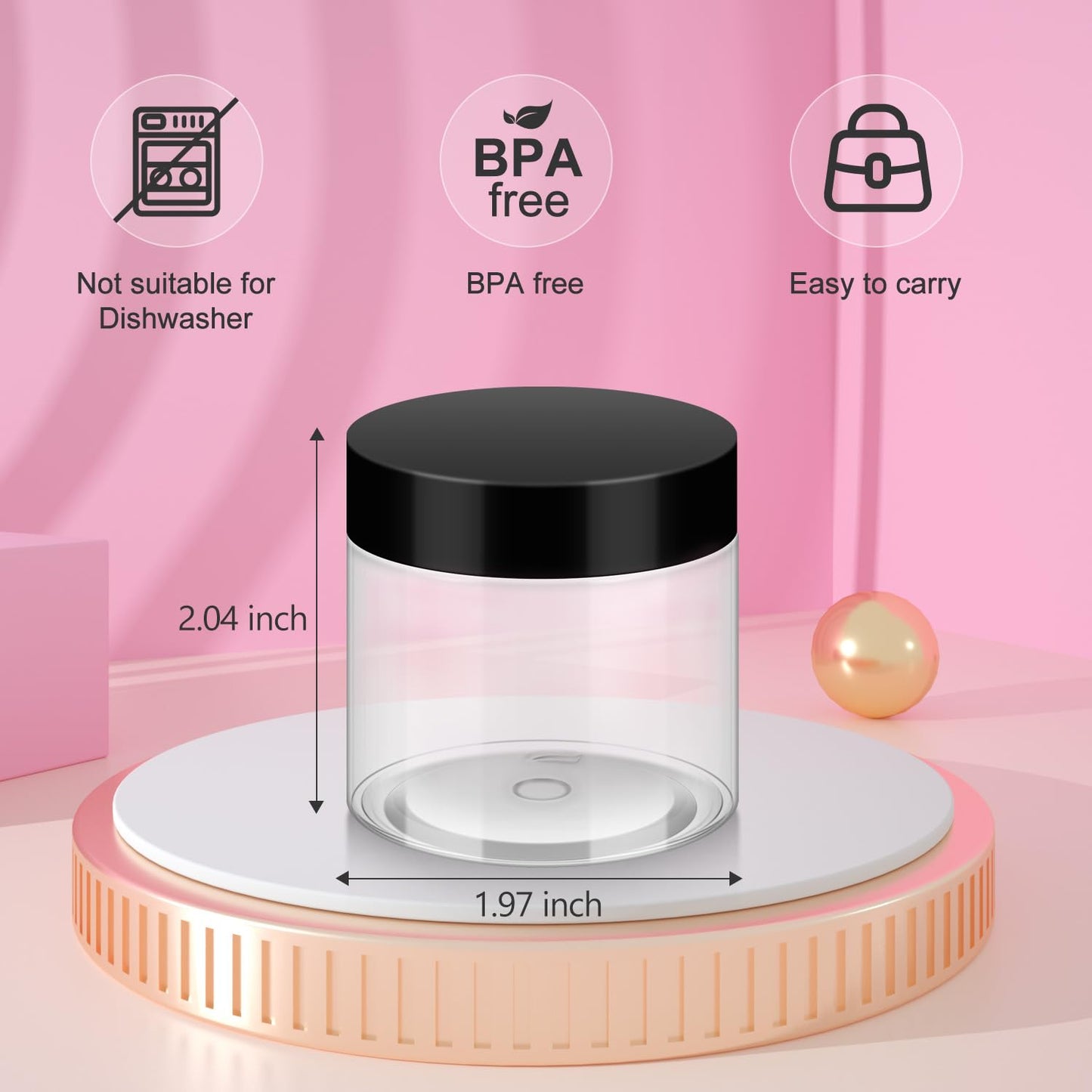Loretoy 36 Pack 2 OZ Plastic Jars with Lids, BPA Free, Reusable, Refillable Transparent Cosmetic Containers for Bath Salts, Cosmetics, Powders, Beauty Product and Small Accessories