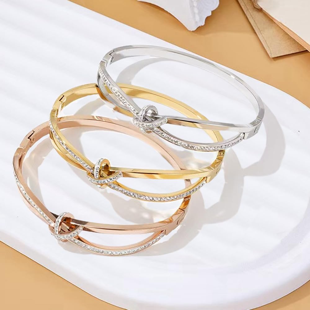 Bow Bangle Bracelet for Women Personalized Cubic Zirconia Stainless Steel Cross Bracelets Oval Butterfly Knot Bangles Bracelets Gifts for Love, Small