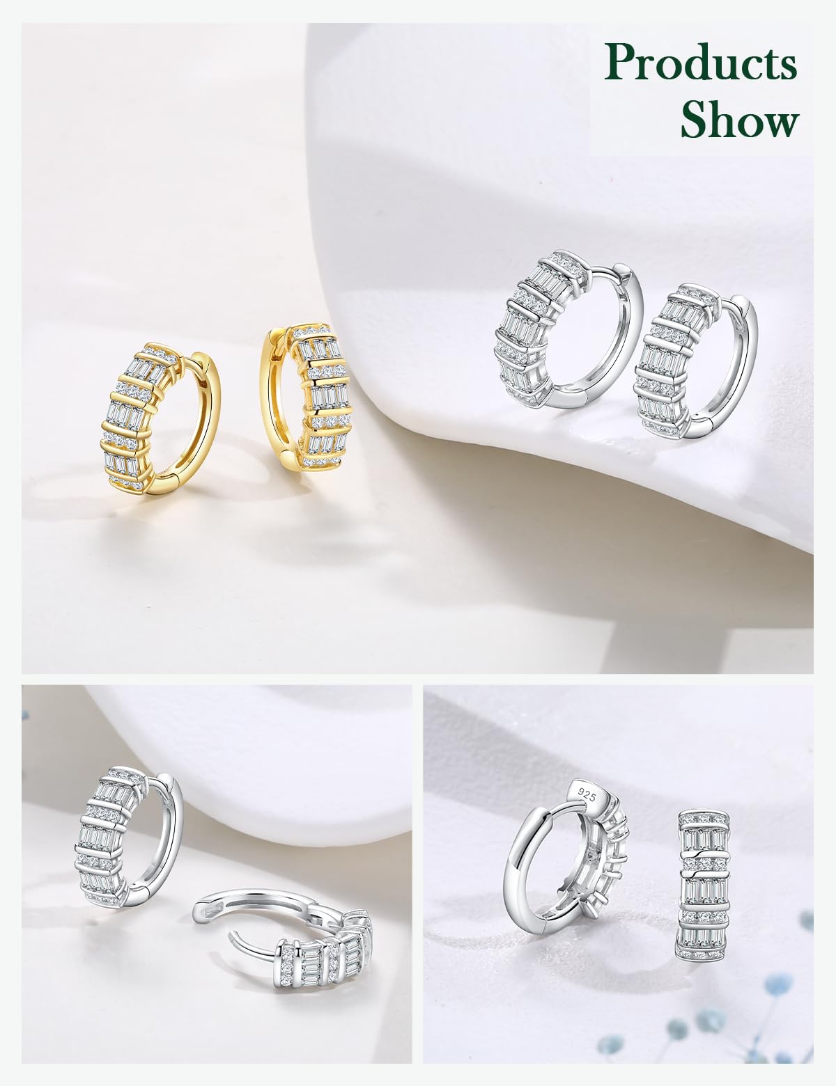 RANDES 925 Sterling Silver Cubic Zirconia Huggie Hoop Earrings for Women Created-Diamond Earrings Chunky Small CZ Earring Hoops
