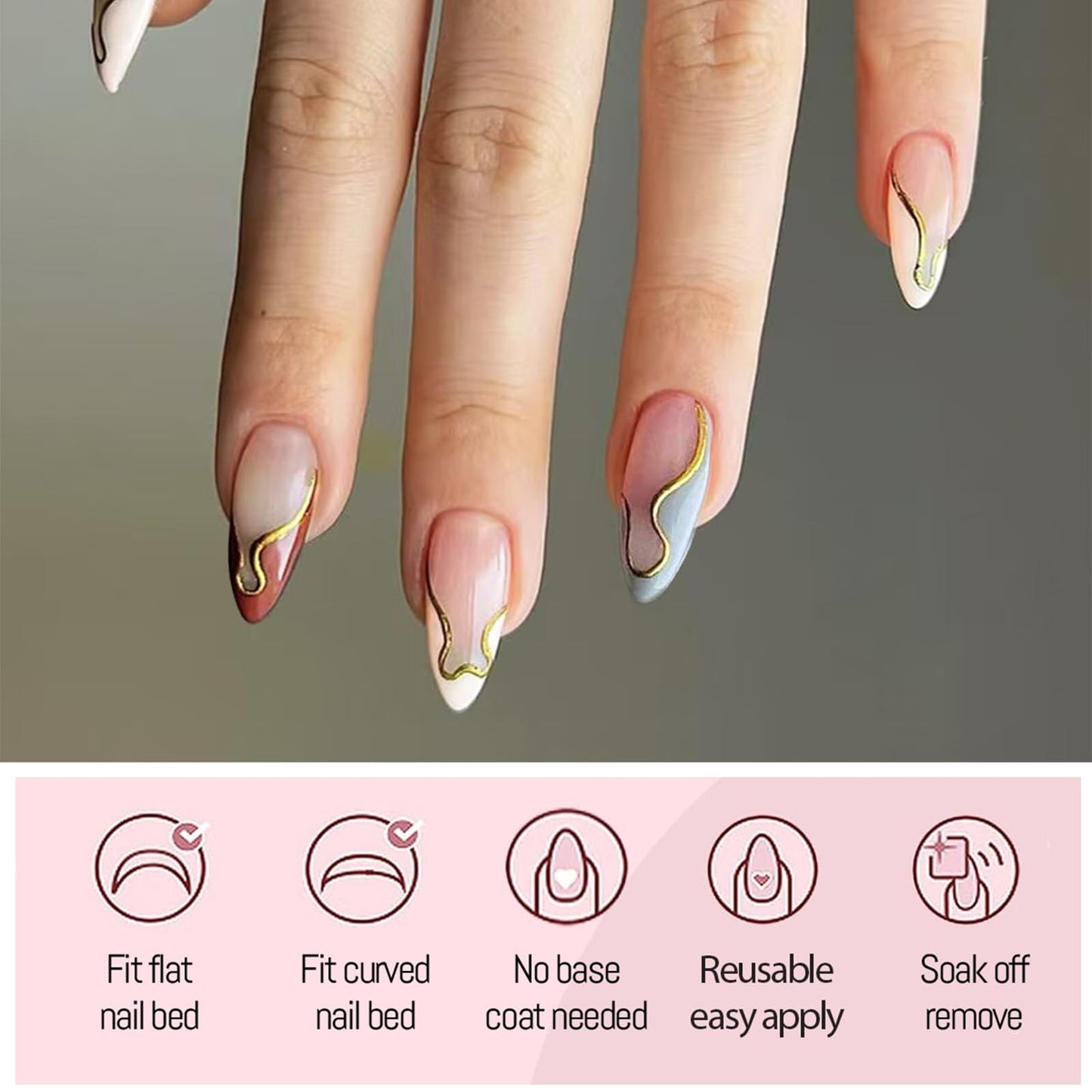 3Packs 72Pcs French Tip Press on Nails Medium Almond Fake Nails with Gold Stripes Line Designs Glue on Nails White Red Blue False Nail Tip Acrylic Nails Manicure Kit for Women Girls 12 Sizes