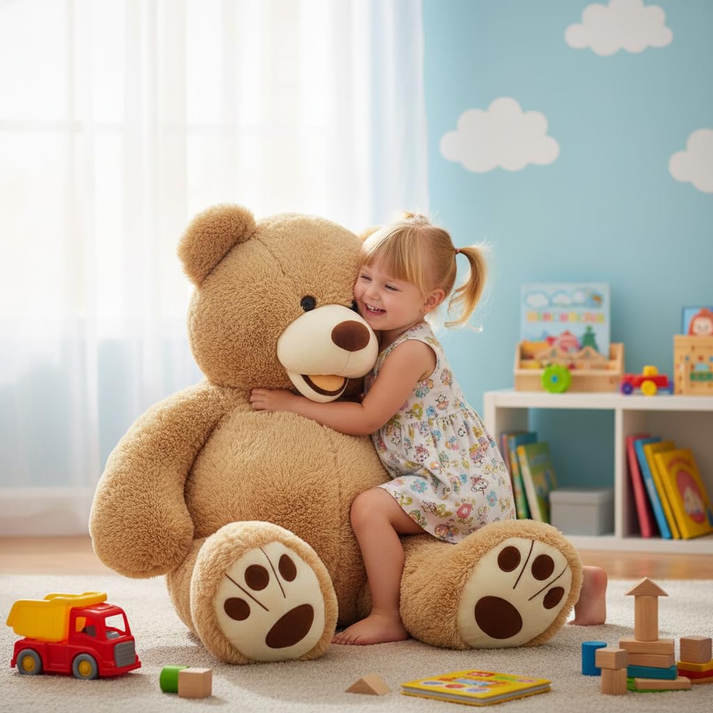 MorisMos Smiling Giant Teddy Bear, 39inch Big Stuffed Animal Bears with Large Footprints Plush, Gift Kids Girlfriend Boyfriend, Light Brown