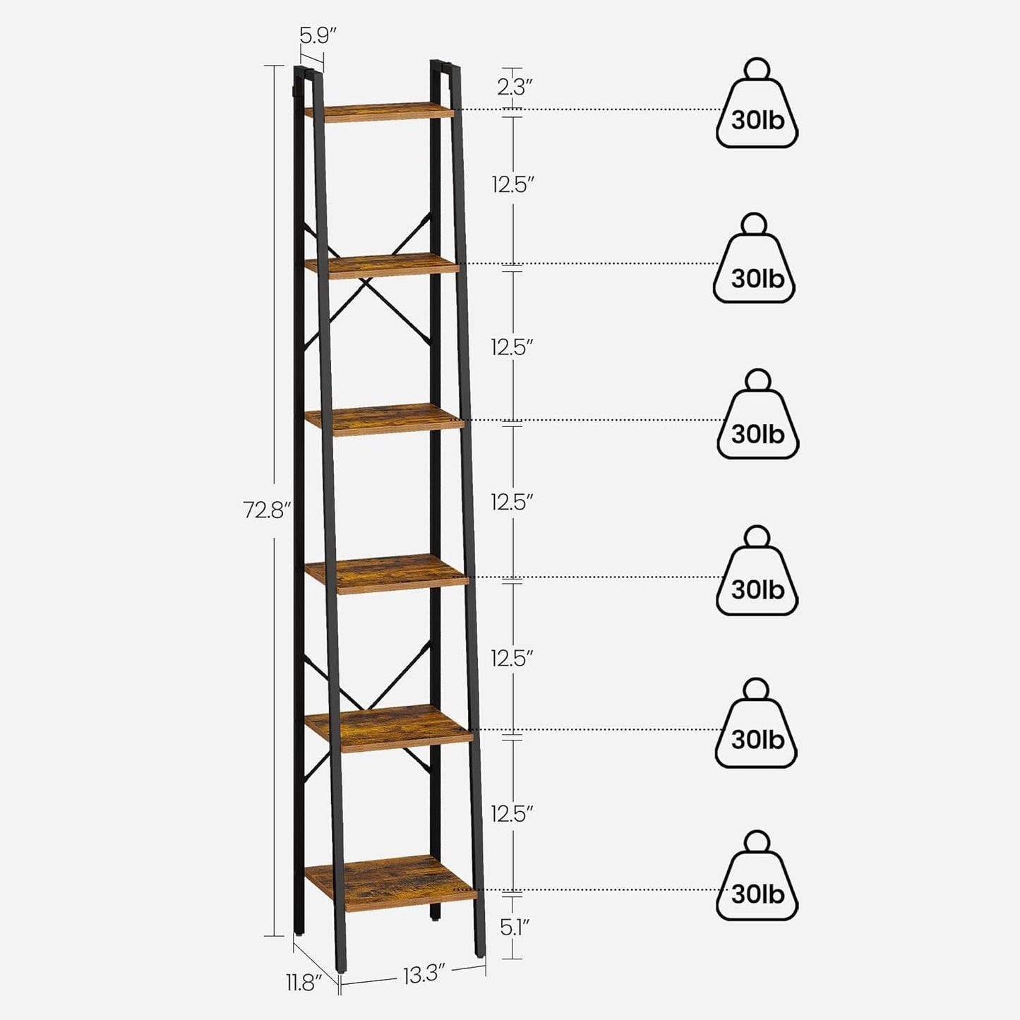 Hzuaneri Ladder Shelf, Bookshelf Bookcase, Freestanding Corner Storage Shelve with 2 Hooks for Home Office, Living Room, Kitchen, Bedroom, Industrial, 11.8"D x 13.4"W x 72.8"H, Rustic Brown BC13301B